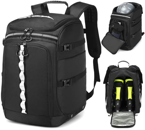 FRETHIND Skischuhtasche mit Helmfach Skirucksack 65L Nylon Skischuhrucksack mit Helmtasche Skitasche Skisack für Skistiefel Schlittschuhe Inline-Skates Schwarz