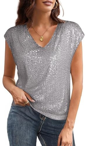 GRACE KARIN Damer paljetter blus V-ringning glitter toppar kortärmad vintage paty-blus cocktail klubb nattkläder, GRÅ, L