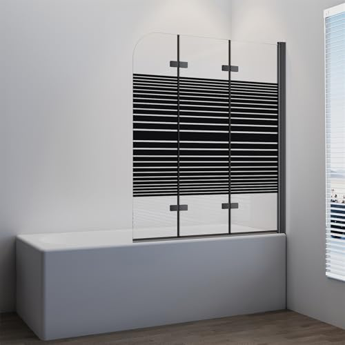 IMPTS Duschwand Faltwand für Badewanne 3 teilig, Schwarz Badewannenaufsatz mit Milchglas Streifen 130x140cm Badewannenfaltwand Duschabtrennung mit 6mm Teilsatiniert Nano ESG Glas 180° Schwingen