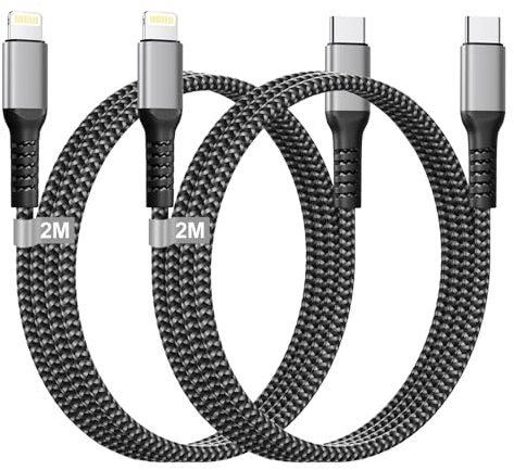 Lot de 2 câbles Lightning USB C certifiés MFi de 2 m - Câble de charge rapide en nylon pour iPhone 14 Pro Max 14 13 12 11 XS 8