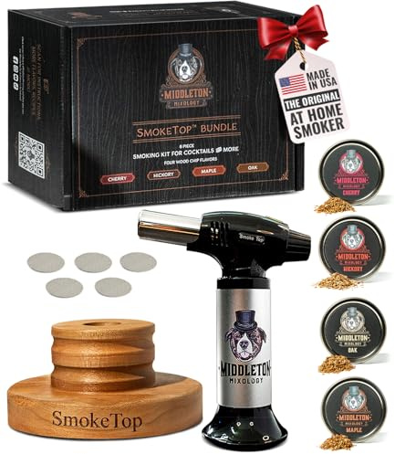SmokeTop Cocktail Smoker Kit and Torch Gift Set with Cherry, Hickory, Maple, and Oak Wood Chips - Use for Old Fashioned Cocktails, Whiskey, & Bourbon - Whiskey Gift for Men - NO Butane Included
