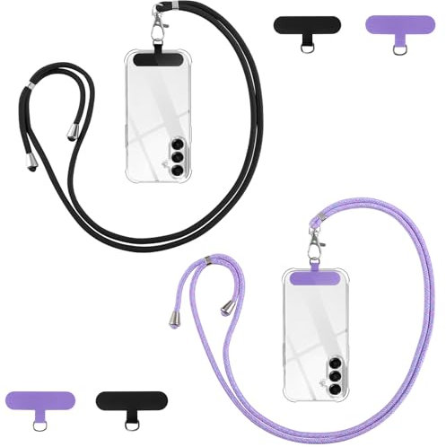 Vauki Cordino per Cellulare Telefono Universale *2 Patch*4,Tracolla Regolabile Collana Collo Catena Laccio per Cellulare e Patch Telefono per Maggior Parte Smartphone IPhone Samsung Xiaomi, Nero+Viola