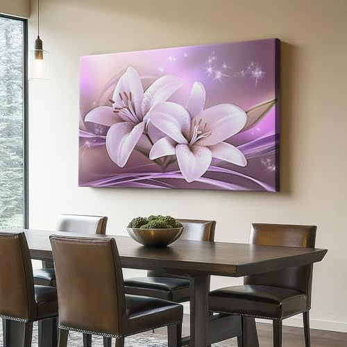 Leinwand Bilder 120 x 50 cm (Ungerahmt) Poster, Bild auf Leinwand Blumen Elegant Lilien muster Wanddekoration für Wohnzimmer Schlafzimmer Restaurant wand, Lila Heim Wandbilder