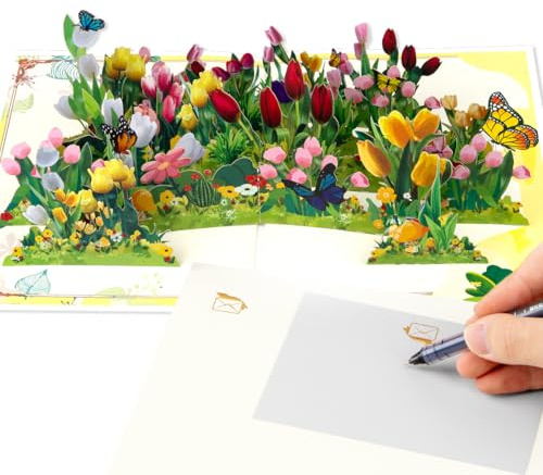 CNLITIHEKA Tulpen Pop Up Karte, Papier Blume Grußkarten, 3D Pop Up Karte für den Muttertag, Geburtstag, Jubiläum, bald gesund werden, enthält Umschlag.