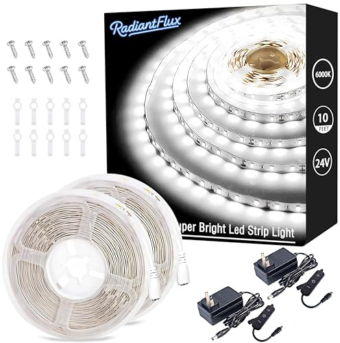 RadiantFlux 2 Sets of 10ft Light Strips,Dimmable 24V LED Strip Lights,White LED Strip Lights,Super Bright LED Light Strip,Flexible LED Lights for Bedroom,Cabinet,Mirror,Christmas Decor