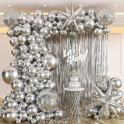 Disco Luftballons Metallic Silber Girlande Ballon Latex Silber Partyballons für Geburtstag Discokugel Deko Hochzeit Geburtstagsdeko für Erwachsene