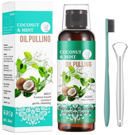 Coconut Pulling Oil, Mint Mouthwash with Tongue Scraper, Alcohol Free Coconut Oil Pulling for Teeth