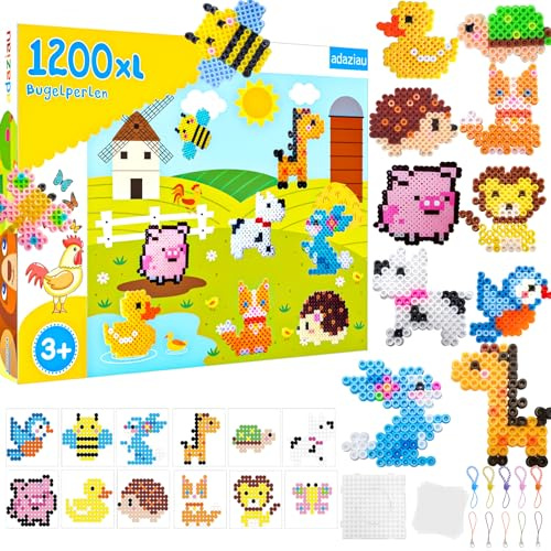 Bügelperlen Groß Set,1200 XXL Bügelperlen für Kinder,10mm Steckperlen Platten,12 Muster und Bügelpapier,Glitzer Bastelperlen Set Perlenset Geschenk für Jungen Mädchen Geburtstag Weihnachten