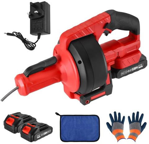 Cordless Drain Cleaner Electric Plumbing Snake, Ø9mm 7.6M Cleaning Spiral Forward/Reverse, Drain Clog Remover Pipe Cleaner for Toilet Sewerage, Bathtub, Kitchen Sink. (2 Batteries)