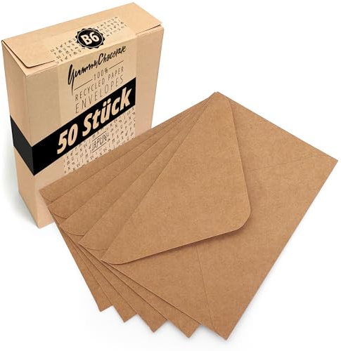 Japun - Briefumschläge (50 Stück) - DIN B6, 175 x 125 mm, Kraftpapier braun | Kuvert aus 150 g/m² Papier, Umschlag mit Nassklebung ohne Fenster, für Einladungen zum Beschriften und Bedrucken