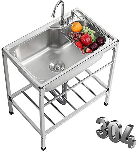 Lavello per ristorante commerciale, vasca singola in acciaio inox, per interni ed esterni, indipendente, 1 scomparto, vasca per lavanderia con scolapiatti e rubinetto