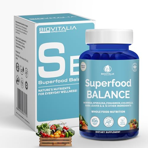 SUPERFOOD Balance - Premium Super Green Blend Capsules with Organic Spirulina, Moringa, Fenugreek, Chlorella & Antioxidant-Rich Greens - Vegan, Gluten-Free, Non-GMO Daily Greens Supplement for Energy
