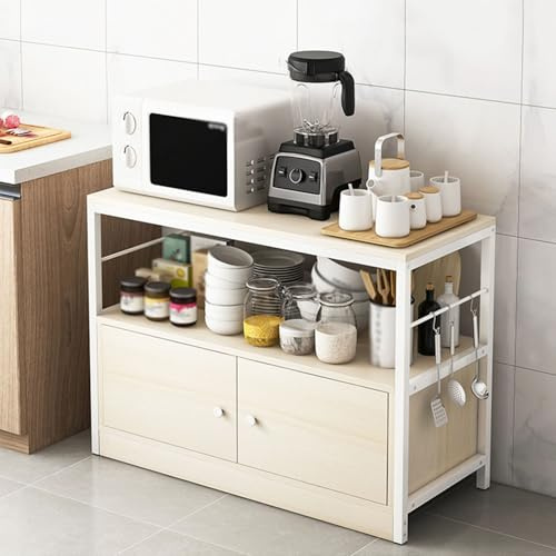 Wooden Kitchen Micro Etagere Storage Rack with Large Tray & Side Railings - White 80x35x80CM Space-Saving for Home & Kitchen Decor