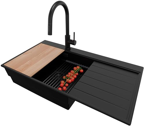 PRIMAGRAN Fregadero Granito al Mueble 60cm + Grifo, 90x50cm | Set: Grifo BW9010 + Kit de desagüe (sifón, válvula, rebosadero) + Sydney Ergo 1 Seno para Cocina, Todo Negro