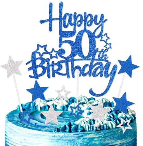 mciskin Royal Blue Happy 50th Birthday Cake Toppers for Cake,Men Women 50th Birthday Decorations,Personalised 50 Cake Toppers,Royal Blue Cake Decorations for Men Women Birthday Party Supplies