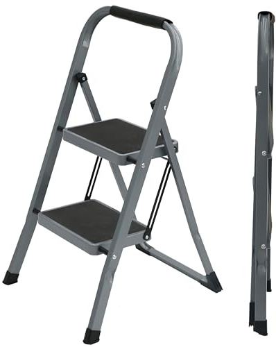 UZIRO Escalera Plegable 2 Peldaños -Estructura de Acero y Peldaño Antideslizante - Asa Superior de Goma - Escaleras Plegables Domésticas - Step Ladder para Hogar (Gris, 2 Pedaños)