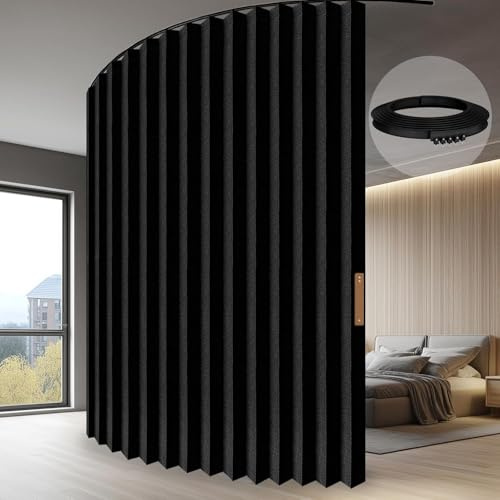 JILRON Rumsavskiljare med skjutgardin, 100% skydd - Unikt ackordeondesign, snyggt utseende för sovrum, förråd (Svart-H213 x B254 cm) förpackning med 1