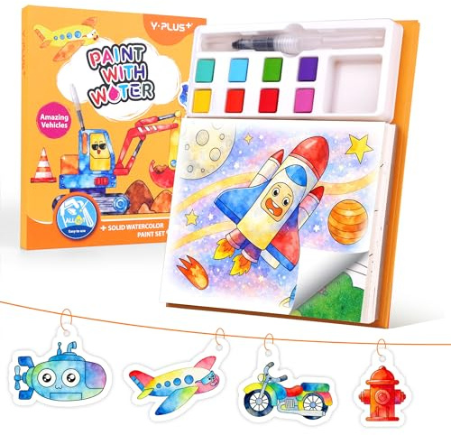YPLUS Paint with Water Colouring Book for Kids Ages 3-8, Vehicles Theme | Mess Free 8 Colour Paint Blocks, Magic Book with Water Pen, Travel Toys Art Craft Gift Ages 3-8