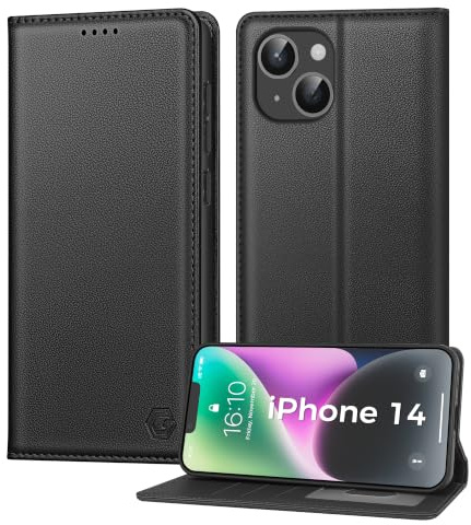 Kirnntca Handyhülle für iPhone 14 Hülle, Kartenfach Premium PU Leder Klapphülle Schutzhülle, Standfunktion Tasche Flip Case für iPhone 14 - Schwarz