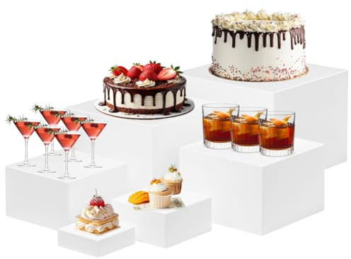 Buffétillbehör kvadratiskt tårtställ – 6 stycken komplett set av PVC (3–8 tum) med system och graderad höjd för bröllop, catering, fester – cupcake-stativ, tårtställ, dessertdisplay, dekoration