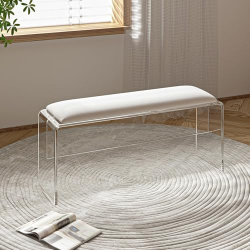 EPZBUJF Acrylic Floating Stool with Cushion, Modern Entryway Shoe Changing Bench, Clear Long Bench for Bedroom, Doorway, Bed End Seating(White,120 * 30 * 45cm)