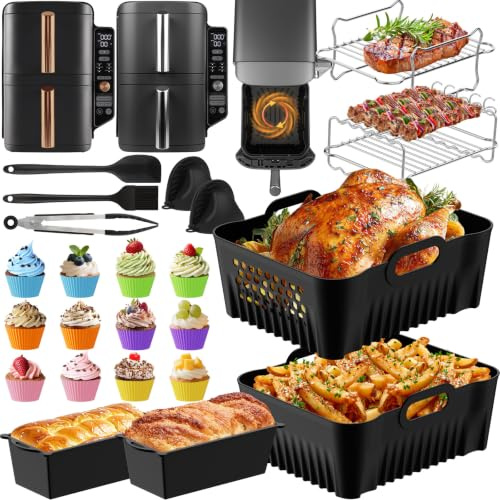 27PCS Moule Silicone Air Fryer pour Ninja Double Stack XL 9,5L SL400EU,Accessoire Air Fryer,Moule Ninja Foodi MAX Dual Zone SL400EU SL400EUCP/COSORI 8.5L, Plat Réutilisable Sans BPA