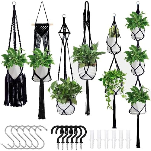 6er Set Makramee Blumenampel,Boho Deko Baumwollseil Hängeampel mit Haken | Hängetopf für Pflanzen,Blumentopf Hängend,Hängeblumentopf für Innen,draußen,Wohnzimmer,Balkon,Garten und Terrasse