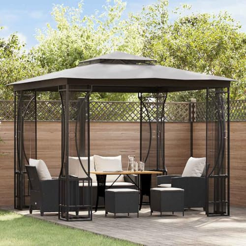 Massbinet Pavillon mit Netz Wasserdicht Stabil Winterfest Garten Pavillion mit seitenwänden Plane Gartenlaube Metallrahmen Patio Gazebo Insektenschutzmittel 300x300x265 cm Anthrazit