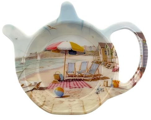 Sandy Beach Tea Bag Tidy, 12cm Nautical Teabag Dish, Coastal Tea Spoon Rest with Beach Scene