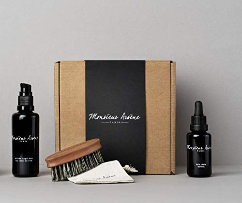 Monsieur Arséne - Oil/Gel/Cream/Beard Brush Set - Beard Oil + Face & Beard Cream + Pear and Cactus Fibre Brush - Handmade in France - Vegan - Cruelty Free