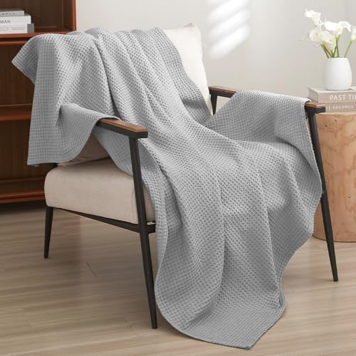 PHF Coperta in 100% cotone a nido d'ape, 127 x 152,4 cm, leggera, morbida, traspirante, per adulti e bambini, perfetta per divano, letto, divano, elegante decorazione per la casa, grigio chiaro
