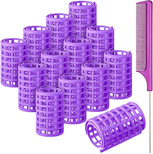 Syhood 12 Pcs Plastic Hair Rollers for Women Large Size Curlers Set Snap Roller Clips with Rat Tail Comb for Long Medium Short Hair Bangs, Salon Hairdressing Styling Tool(2.6 x 1.4 Inch,Purple)