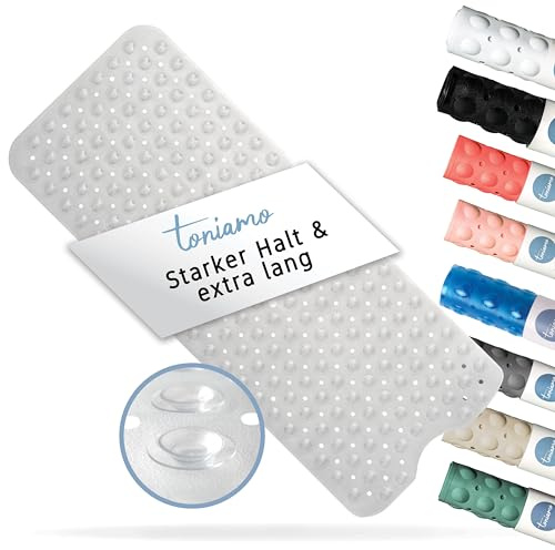 Toniamo Badewannenmatte rutschfest 100 x 40 cm Antirutschmatte, Transparent | Extra lange Badematte mit Saugnäpfen ohne BPA, rutschfest, antibakteriell, maschinenfest für sicheren Halt in der Badewanne