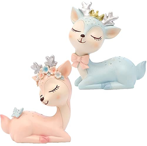 Wenrou 2 Stück Figur Deko REH, Mini Figuren Set Kuchendekoratio, Elch Hirsch Figur, für Geburtstagsfeiern, Partys und Stern und Mondthemenpartys, Gartenduschen, Babypartys, Kuchendekoration, 2 Farben