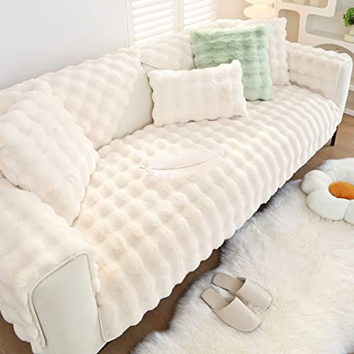 XSlive Soft Warm Faux Fur Couch Sofa Cover Thick Shaggy Fuzzy Sectional Couch Cover Non-Slip Solid Color Plush Sofa Slipcover Furniture Protector for Kids, Pets (Cream,28x28)