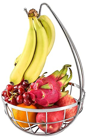 Royal Cuisine Fruit Basket with Banana Hanger/Hook Chrome Wire Modern/Elegant Vegetable Storage Bowl Fixed Holder Stand Home furnishings (Silver)