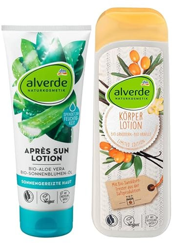 alverde NATURKOSMETIK 2er-Set Hautpflege: AFTER SUN Lotion Après Sun Aloe Vera Feuchtigkeit für sonnengereizte Haut (200 ml) + Bodylotion mit BIO-SANDDORN & BIO-VANILLE Körperlotion (250 ml), 450 ml