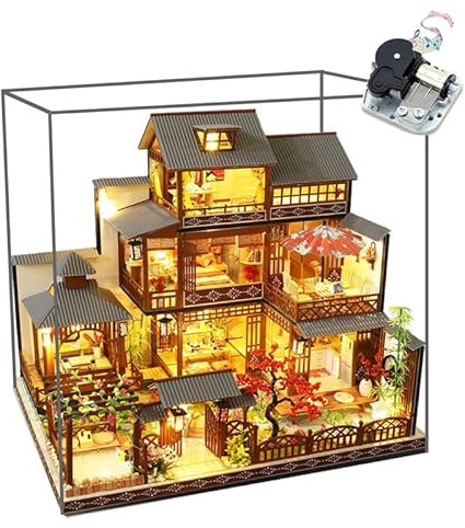 HJBHDOLL Miniatur-Puppenhaus-Holzmöbel-Set, handgefertigt, großes japanisches Hofmodell, Maßstab 1:24, kreatives Puppenhaus-Spielzeug für Erwachsene, Teenager, Geschenk (plus mit Staubschutz und