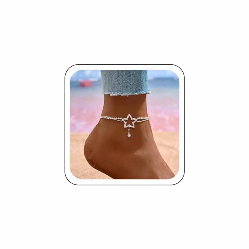 Wendalern Silver Star Ankle Bracelet Diamond Rhinestone Hollow Star Layered Beads Chain Tennis Anklet Summer Beach Crystal Chain Foot Jewelry for Women and Girls