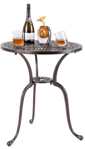 COSTWAY Table de Jardin Ronde 61 CM en Fonte d'Aluminium, Table d'Appoint d’Extérieur avec Trou pour Parasol Repose-Pieds Réglables, pour Patio Piscine Terrasse, Cuivre Rouge