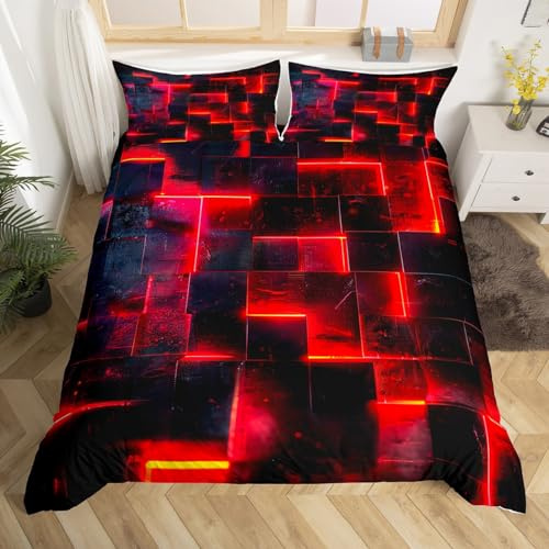Rött och svart sängset 3D lysande buffalo påslakan super king size, modern abstrakt konst super king-sängkläder set geometrisk pläd täcke, gradient futuristiska kuber säng set (svart vändbar)