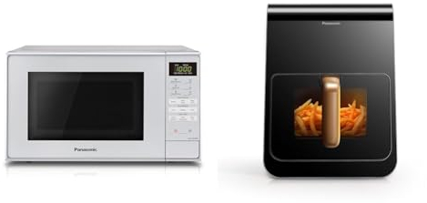 Panasonic NN-E28JMMBPQ Compact Solo Microwave Oven with Turntable, Silver and Panasonic NF-CC600AXC Air Fryer With Viewing Window, Black/Dark Blue & Rose Gold Handle