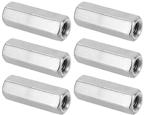 PATIKIL 6 Stück M10 x 50 mm Sechskant-Kupplungsmuttern Silberton | Grobgewinde Sechskant Hülsenmutter Sechskant Verbindungsmutter Gewindehülse Langmutter, 304 Edelstahl