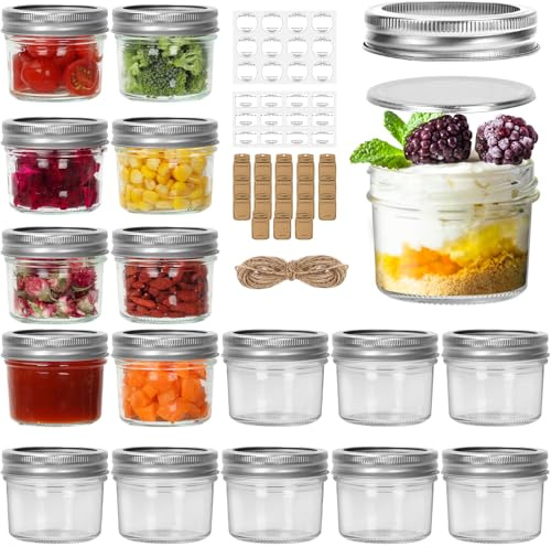 HYCKee 4oz Mason Jars, 16 Pack Mini Canning Jars with Regular Lids for Jelly Herbs Spice Honey Storage, Small Glass Jars Candle jars, Extra Lids Tags Label Included