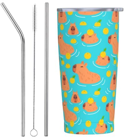 VOSERY Botella de agua de 20 onzas con tapa y popote, vaso aislado naranja Capibaras de acero inoxidable, taza de café de viaje, vaso personalizado