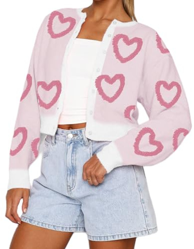 Nicoxijia Valentine's Day Cardigan Sweater for Women Heart Print Long Sleeve Button Down Sweater Y2k Open Front Knitwear Coat (Pink, M)