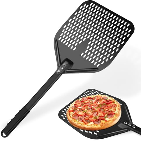 QOUBNIC Perforierte Pizzaschaufel, 12 Zoll Profi Aluminium Pizzawender mit Abnehmbarem Griff, Pizzaschieber Pizzapaddel für Pizza, Brot, Kuchen, Torten, 40x30cm