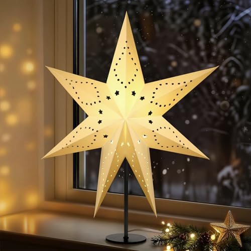 Lewondr 3D Papiersterne Weihnachten Tischlampe, 17,72 Ausgehöhlter 7-zackiger Weihnachtsstern Beleuchtet mit E14 LED-Birne, Weihnachtsstern Stehend Weihnachtsdeko mit Eisenbasis für Innen Feiertag