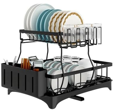 Dish Drying Rack for Kitchen Counter, 2 Tier Dish Racks with Drainboard Set, Detachable Large Dish Drainer with Utensils Holder, Dish Racks with Drain Board, Black