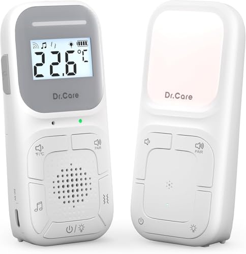 Dr.Care Neo Audio Baby Monitor – Pre-accoppiato, bidirezionale Talk, VOX, Luce notturna, Ninne nanne, Vibrazione Alert, 1000 piedi di portata, altoparlante e microfono, clip portatile, No WiFi